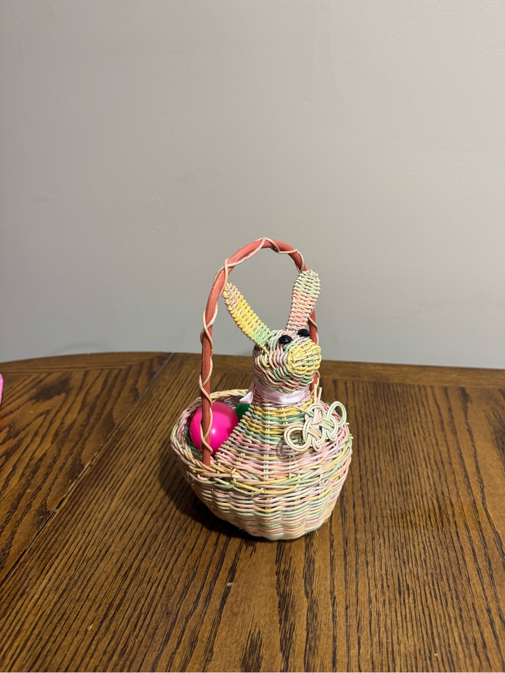 Woven Pastel Bunny Basket with pink, green, yellow & lavender eggs Easter decor